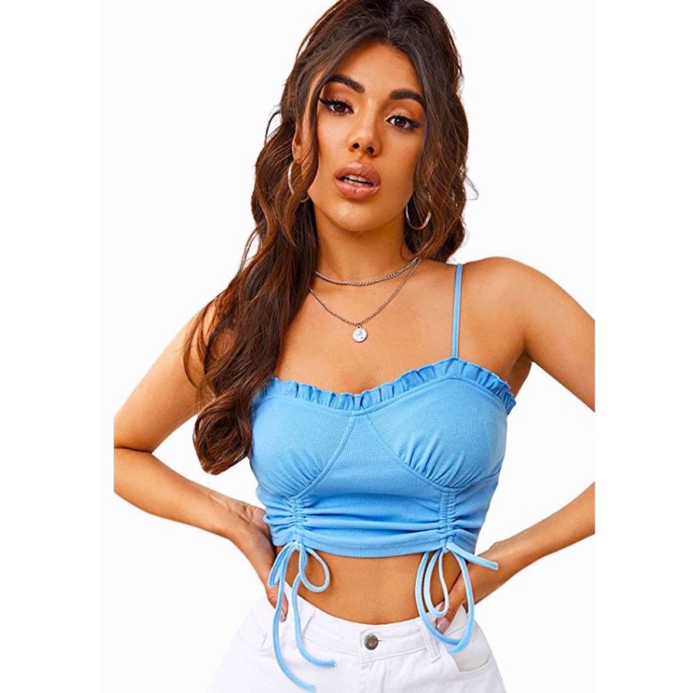 Y2K Strap Drawstring Ruched Rib Knit Crop Cami Tank Top